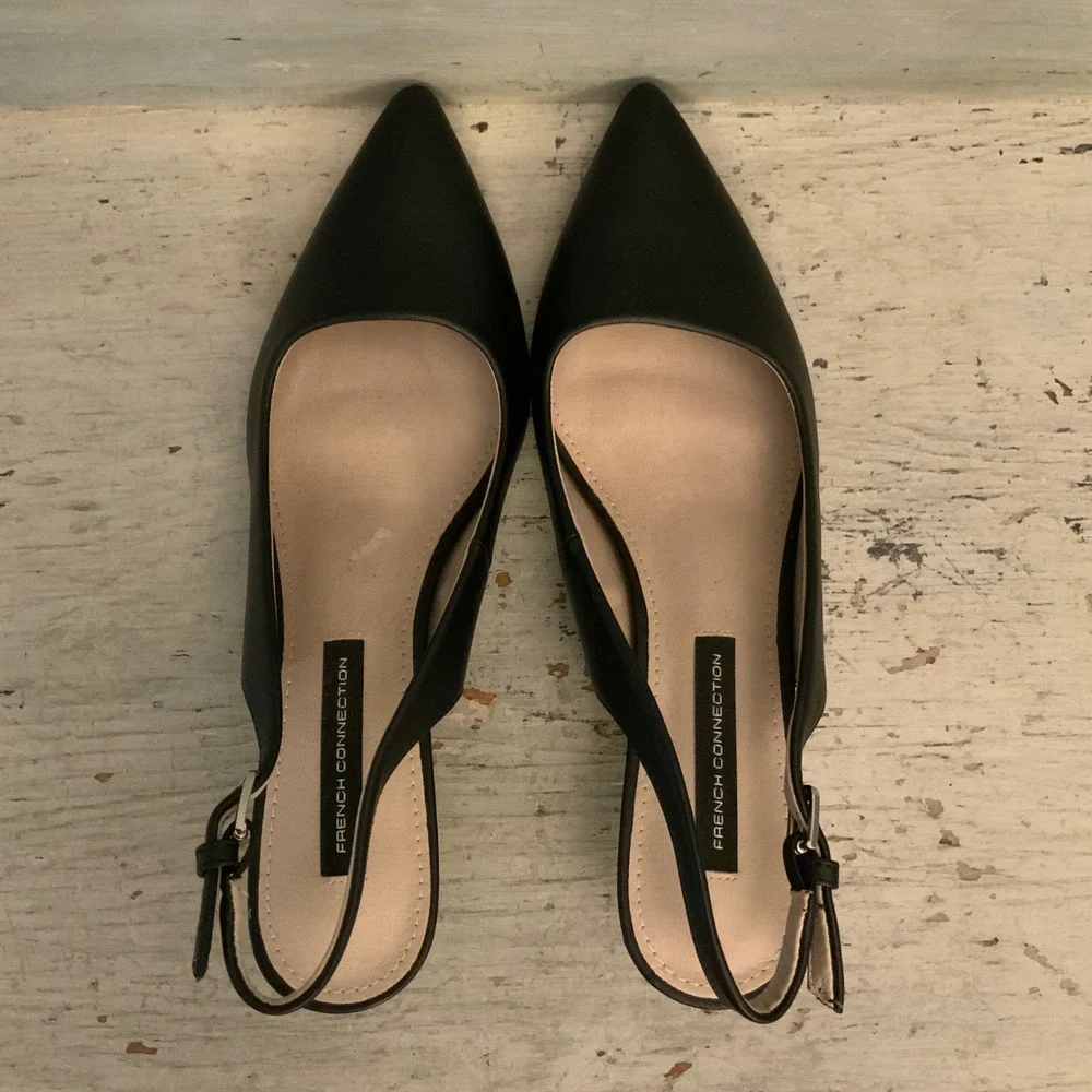 French Connection Faux Leather Matte Black Pointed Toe Slingback Heels Size 8 GC